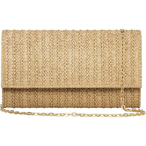 Women Tan Straw Chain Clutch Summer Beach Handbag - Picture 1 of 7